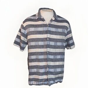 Folk Men's Linen Blend Blue Stripped Short Sleeve‎ Button Down Shirt Size M